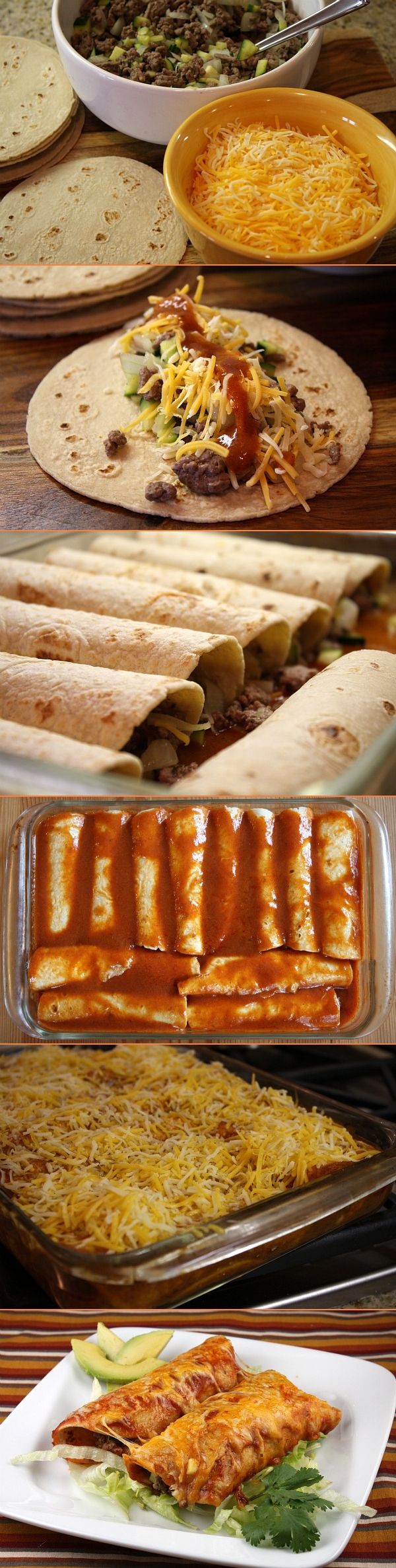 Easy Beef and Cheese Enchiladas recipe (with a sneaky addition of zucchini in there too). Great, family-friendly, easy dinner recipe.