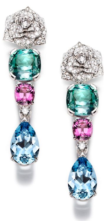 Piaget Rose - Limelight Garden Party earrings, 1 cushion-cut green beryl (approx. 10.60 cts), 1 cushion-cut lavender sapphire (approx. 11.54 cts). Via The Jewellery Editor.