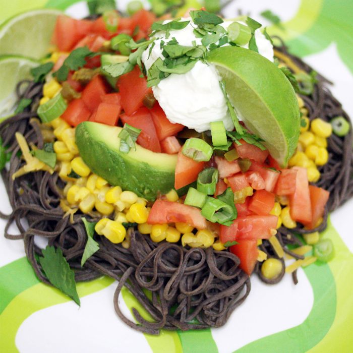 The black bean spaghetti in this recipe is healthier than white pasta and goes great with fresh Mexican flavors.