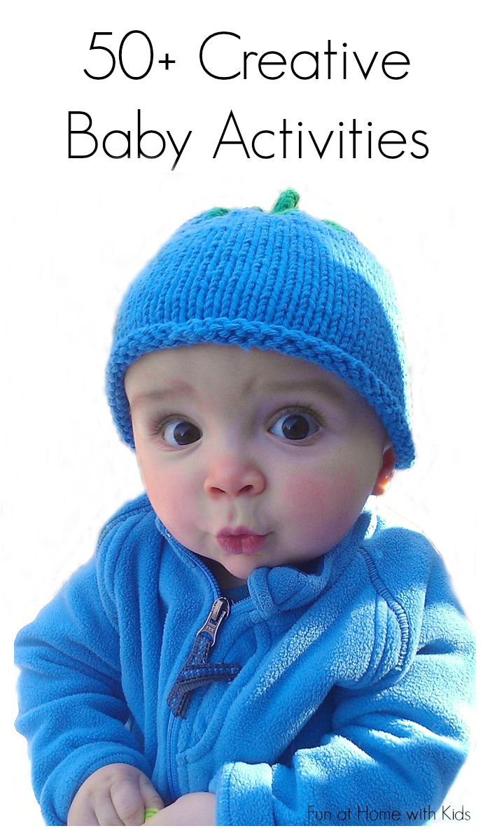 Over 50 ways to entertain your baby! Creative ideas for first art projects and TONS of ideas for edible (taste-safe) sensory play from Fun at Home with Kids