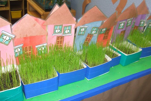 Creative Art Preschool: RECYCLED CARTON NEIGHBORHOOD, "GRASS" HOUSES