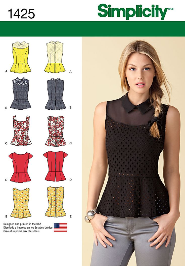 isses' peplum top with princess seams and collar can be made with contrast yoke and collar, or yoke, collar and back. Top can also be made sleeveless, with thick straps, or with cap sleeves, and buttons up the back. Simplicity sewing pattern 1425.