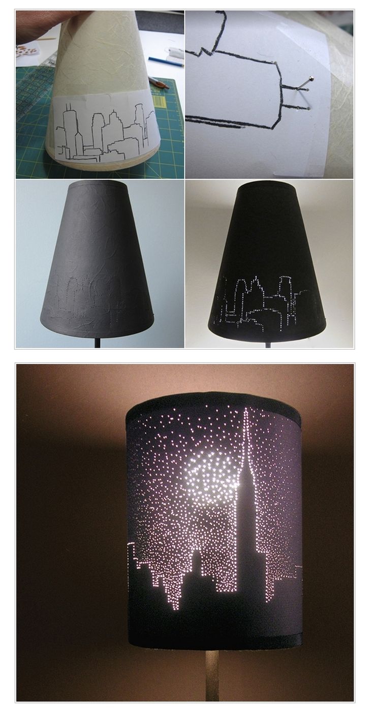 Project – City Lights Lampshade. To make a city skyline view first you have to print or draw a city skyline silhouette on a piece of paper. Then fix it on the lampshade with tape. Using common pins make holes in the lampshade along the lines of the silhou