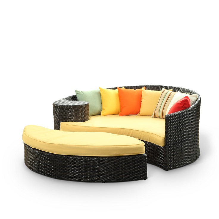 Taiji Outdoor Wicker Patio Daybed with Ottoman in Brown with Orange Cushions