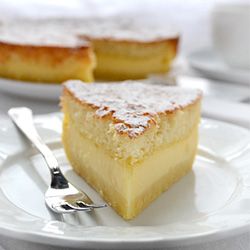 "magic cake" only one batter and, after baking, you get a cake with 3 distinct layers: dense one on the bottom, custard-like layer in the middle, and a sponge layer on top.