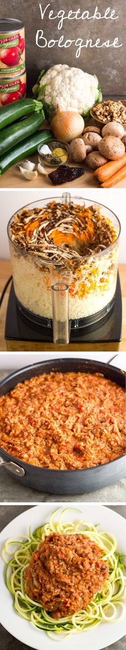 This vegetable bolognese has all the goodness of pasta with a chunky, "meaty" marinara sauce, but is made entirely of vegetables and nuts!