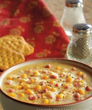 Crockpot Corn Chowder    Ingredients    6-8 potatoes (peeled and diced)  1 Can cream corn  1 Can whole kernel corn  2 Cups chicken broth  8 Ounces diced ham  1 Cups diced onions  1/4 Cups butter  2 Cups half and half  Directions    Step One    Place potat