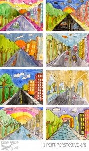 ne point perspective- folding the paper diagonally twice top triangle sky, bottom triangle road, side triangles trees or city