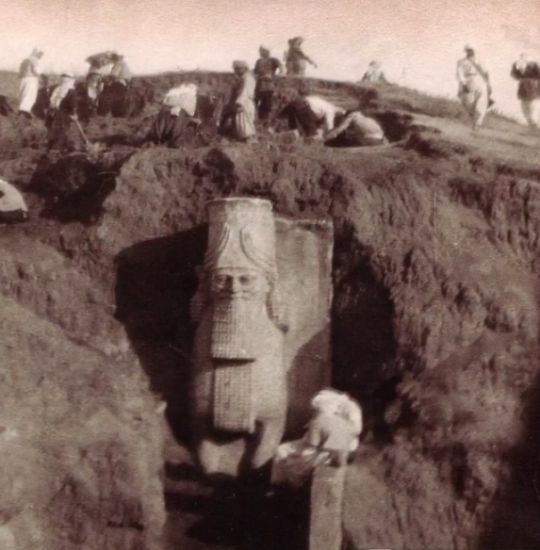 Recently Destroyed 7th* Century BC Assyrian Statue,  Photo c1850 Photo from the mid-9th c excavation of the colossal statues at the Nergal Gate of the ancient city of Nineveh. One of two winged bull-men (aka lamassu) that guarded one of the entrances to N