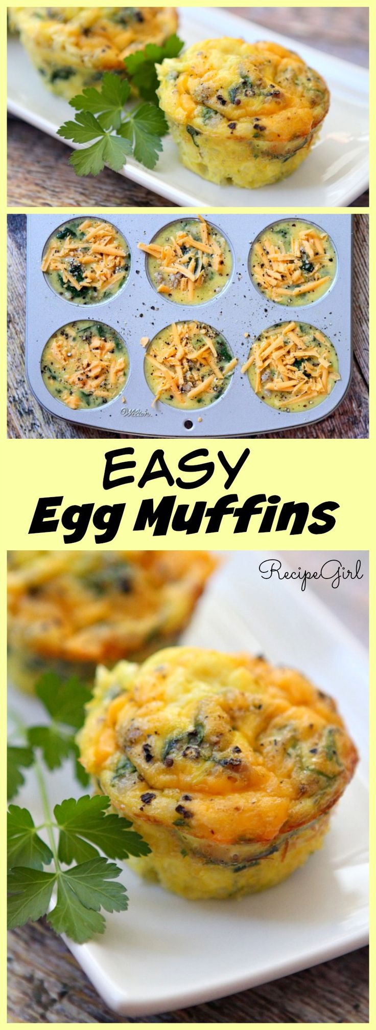 Easy Egg Muffins breakfast recipe.  Really versatile recipe- you can put any veggies, cheese or meats like bacon or sausage in them- whatever is your favorite!