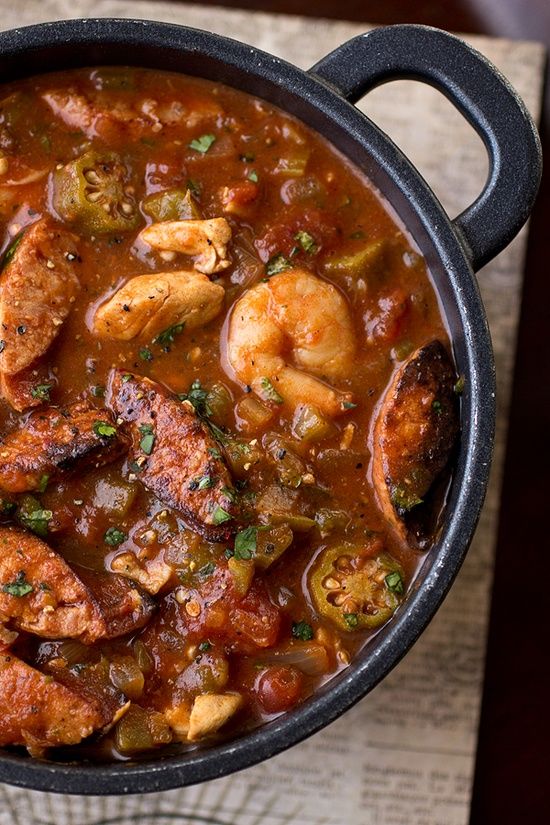 "Gumbo-laya” , a cozy stew with spicy sausage, chicken and shrimp