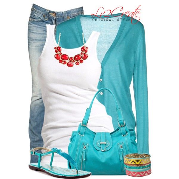 Love these colors together and really love the Turquoise cardigan!!! created by lv2create on Polyvore