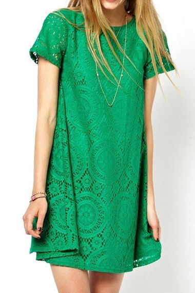 Green O-neck Short Sleeves Lace Dress