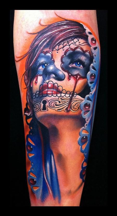 Wouldn't ever but it is still a GREAT work of art!  Brent Olson - Day of the Dead realistic woman tattoo Brent Olson Art Junkies Tattoo