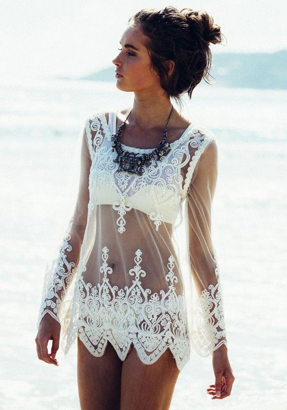 So Gorgeous! White Lace Patchwork Embroidery Wavy Edge Grenadine Loose T-Shirt #White #Lace #T_Shirts #Tops #Beach #CoverUps #Spring #Break #Fashion