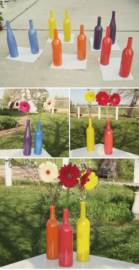 Painted wine bottle centerpieces.  I added glitter to the top of the bottles by spraying the top 1/3 of the bottle with craft bond then shaking glitter over the glue.  After it dries, add a coat of high-gloss clear coat to add shine and to set and protect