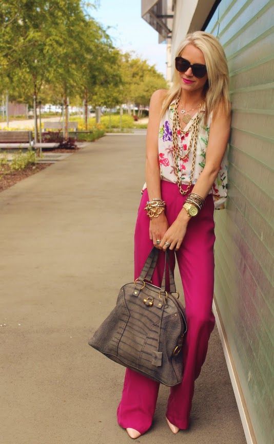 bright pink pants and floral top