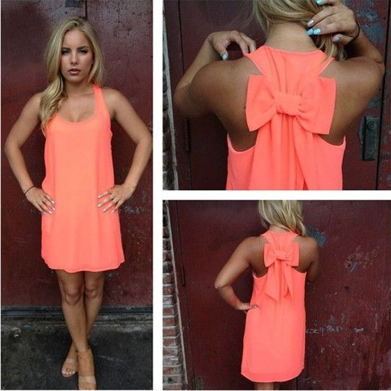 Nacarat Plain Bow Irregular U-neck Sleeveless Chiffon Dress - Mini Dresses - Dresses