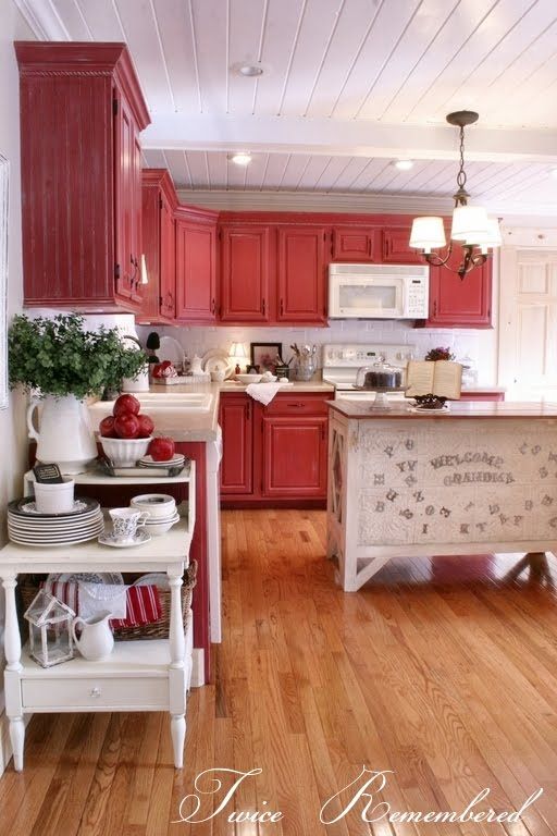 Cover up popcorn ceiling with stunning results. The ceiling is made up of individual 5 inch wide tongue and groove pine planks bought at Lumber Liquidators. The beams are box beams (hollow inside). Twice Remembered: Red Cottage / Farmhouse Style Kitchen P