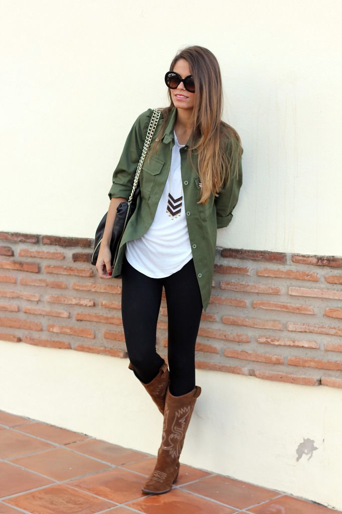 Try the CAbi Spring14 Anorak Jacket & Resort Tee or Linen Tank with black leggings and brown boots