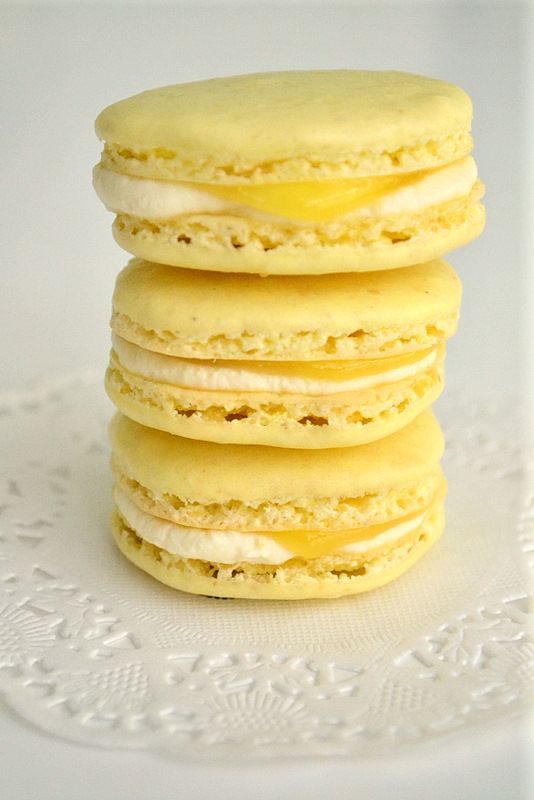 Lemon macarons with lemon mascarpone and lemon curd filling.