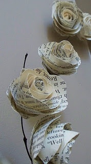 Rolled Paper Roses Tutorial - I could use pretty double sided scrap book paper and glue on stems to put in vintage bottles. Or a mix of vintage book pages and scrap book paper
