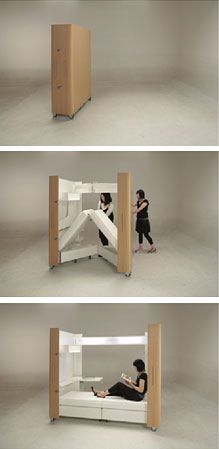 Japanese designers Atelier OPA created a unique set of products, which are perfect for small spaces. This foldaway set of furniture includes a mobile home office, a small kitchen and a guest room. When not in use, fold your furniture away and pack them in