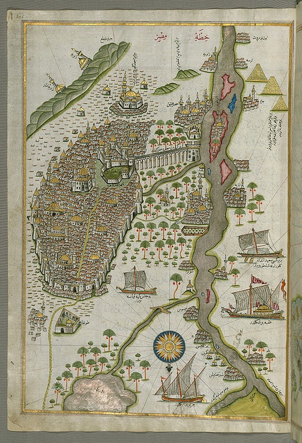 Illuminated Manuscript Map of Cairo, from Book on Navigation. Originally composed in 932 AH / 1525 CE and dedicated to Sultan Süleyman I ("The Magnificent"), this great work by Piri Reis (d. 962 AH / 1555 CE) on navigation was later revised and 