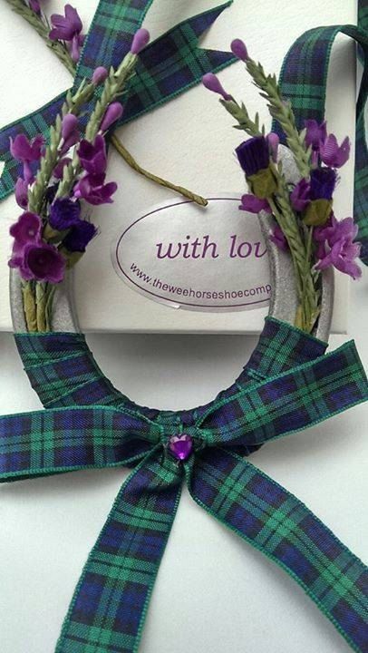 Wedding Horseshoe ( Black Watch Tartan ) - Purple heather and thistle with Mckay plaid ribbon - ABSOLUTELY PERFECT