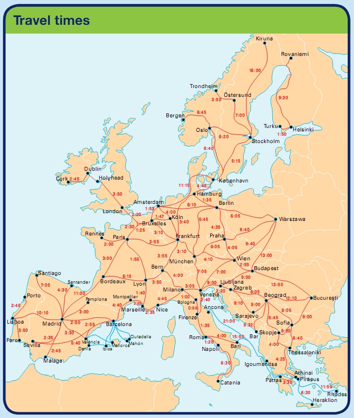 How cool - Travel times (by train) for getting around Europe!