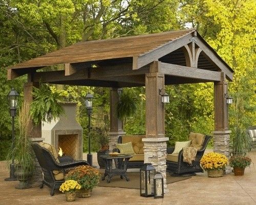 The Lodge This pergola has the natural, classic look of turn of the century lodges in the mountains of New England with it's split timber and curved beams. It's a beautiful, substantial way to add an additional outdoor room to the back yard. I lov