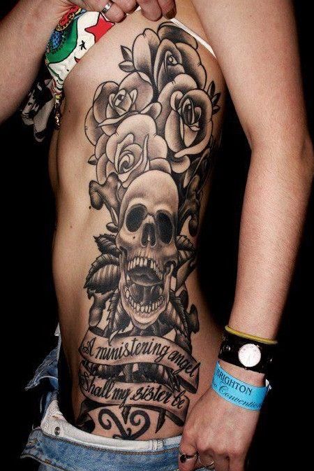 big skull rose tattoo in black ink for women | Cute full back tattoos for women / Source