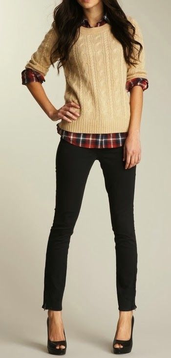 perfect preppy outfit. tartan button down - cream sweater - skinny jeans - heels