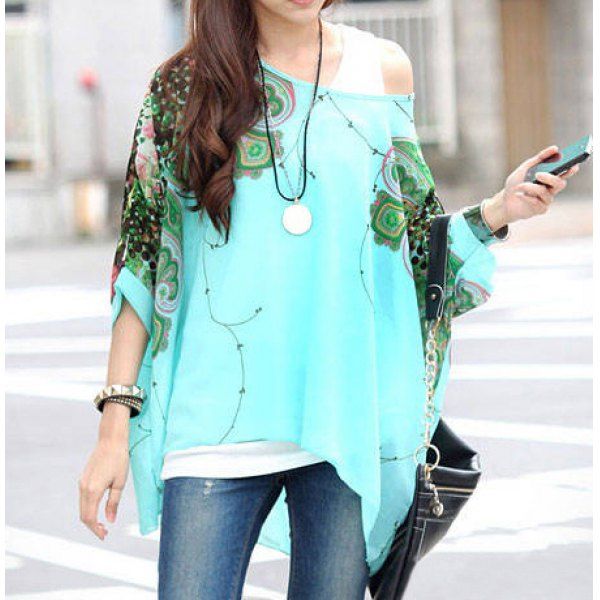 $10.66 Stylish Scoop Neck Batwing Sleeve Printed Loose-Fitting Chiffon Blouse For Women