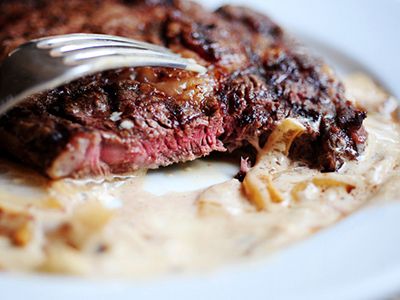 Pioneer Womans ribeye steak with blue cheese-onion sauce. Um . . . seriously delicious. Throw in some fresh mushrooms and youve died and gone to heaven!