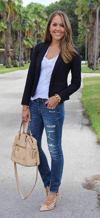 Navy blazer with distressed jeans and lace-up heels