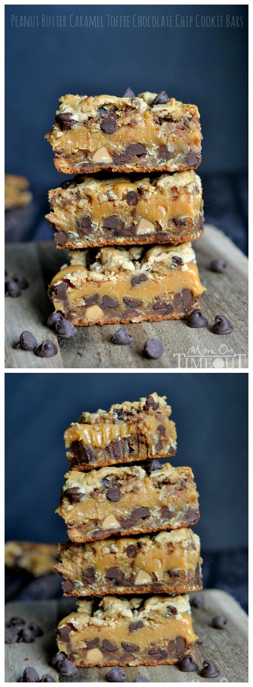 Peanut Butter Caramel Toffee Chocolate Chip Cookie Bars | MomOnTimeout.com | #dessert #recipe #chocolate