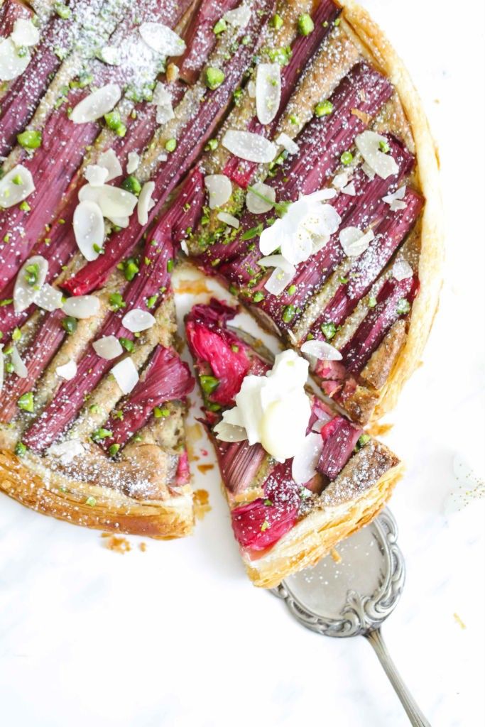 // rhubarb frangipane tart with hazelnuts and pistachios.