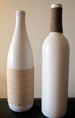 spray paint wine bottles and cover part with twine, raffia, ribbon or jewels... use for flowers or empty