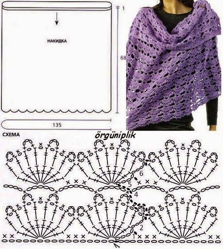 Todo crochet: Chal pashmina al crochet con punto de abanicos; shawl, stole or wrap