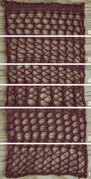6 different knitting mesh stitches with patterns