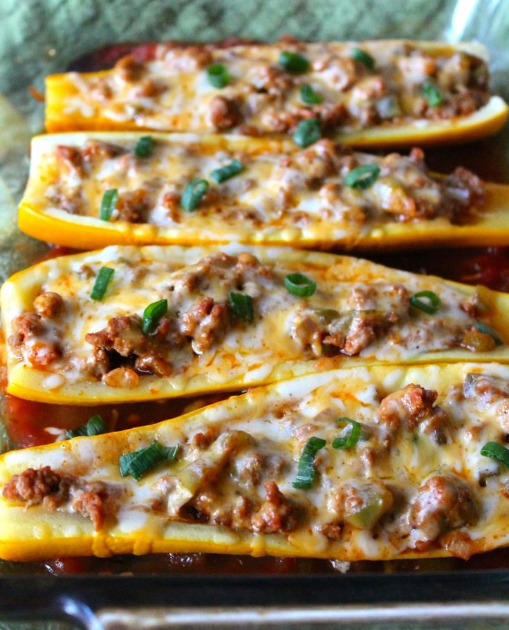 Taco Stuffed Summer Squash Boats: Summer squash is stuffed with turkey taco meat and cheese then baked until hot and melted--maybe with more veggies in the stuffing?