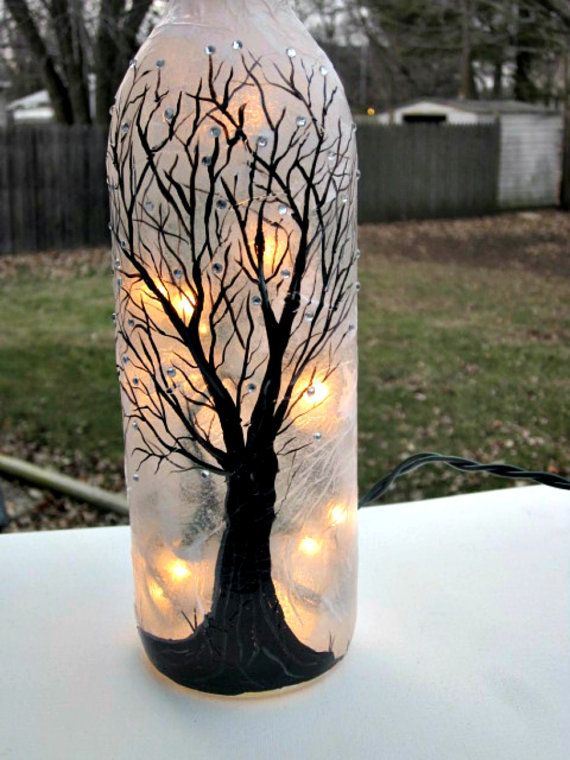 Wine Bottle Light, Night Light, Hand Painted Wine Bottle, Black Tree, Sparkles on Etsy, $22.00
