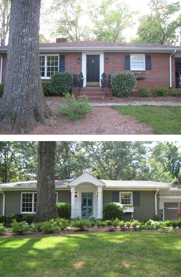 Before & After: Painted Brick Ranch Style Home - Brick, Sherwin Williams Backdrop 7025; Trim, Sherwin Williams Extra White 7006; Shutters, Sherwin Williams Black Fox 7020; Front Door, Aqua (Custom Mix).