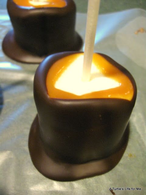 arshmallows dipped in caramel, left to harden, and dunked in chocolate... and then maybe sprinkle graham cracker crumbs over the chocolate?