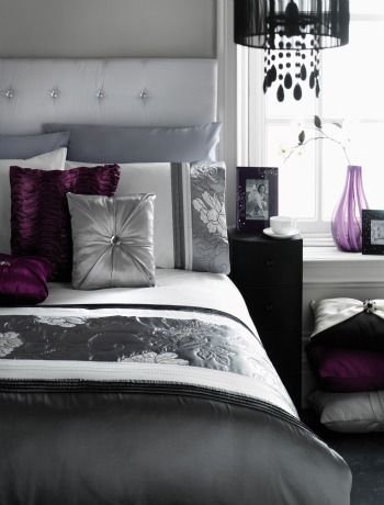 Vintage black, white and silver bedroom with a bit of purple. Love this.