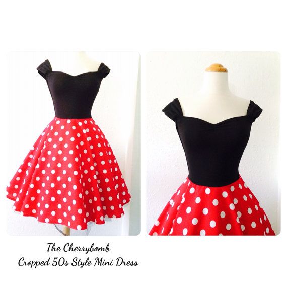The CHERRYBOMB Mini Dress, ROCKABILLY 50s Swing Dress, Pin Up Full Circle Skirt Capped Sleeve Off the Shoulder Polkadotted Sexy Dress