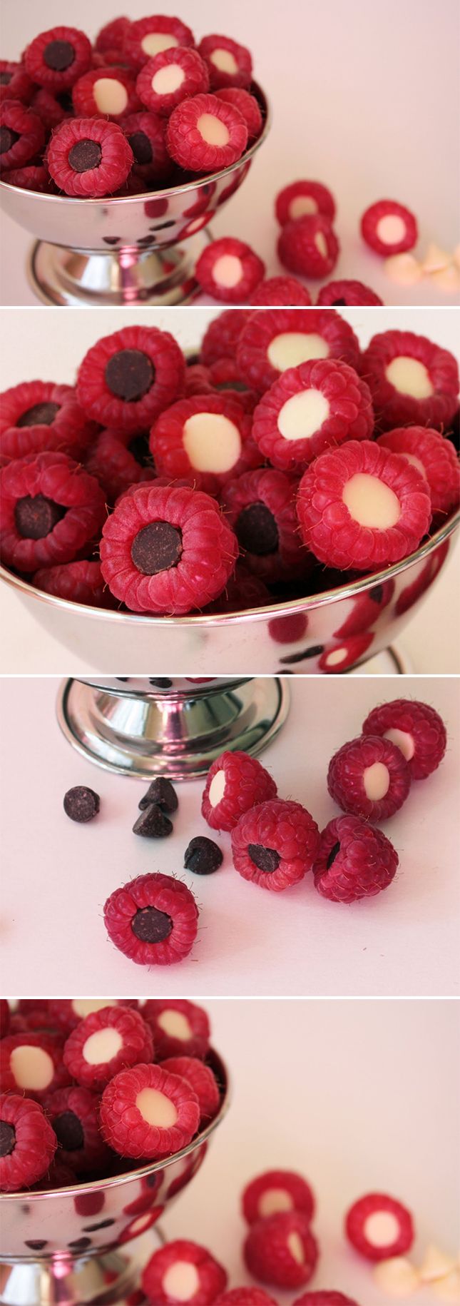 Looking for a healthy but festive dessert idea? Try this one! Raspberries and white or dark chocolate chips--yum!