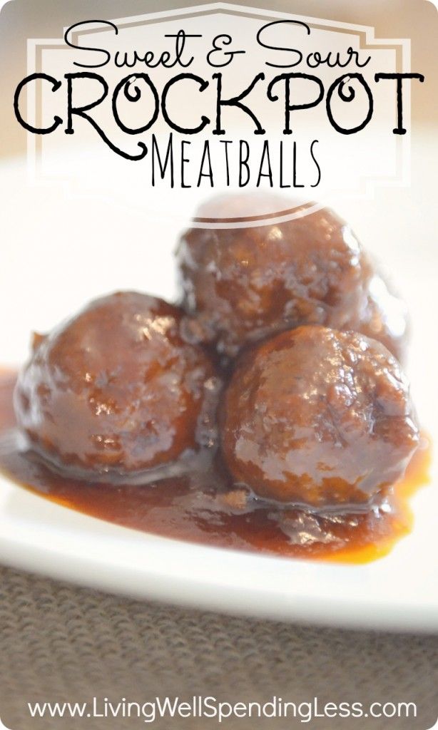 Sweet & Sour Crockpot Meatballs. There are lots of grape jelly meatball recipes out there but this one is awesome! Just 5 easy ingredients and 5 minutes to throw together, these meatballs are always the hit of any party or potluck!