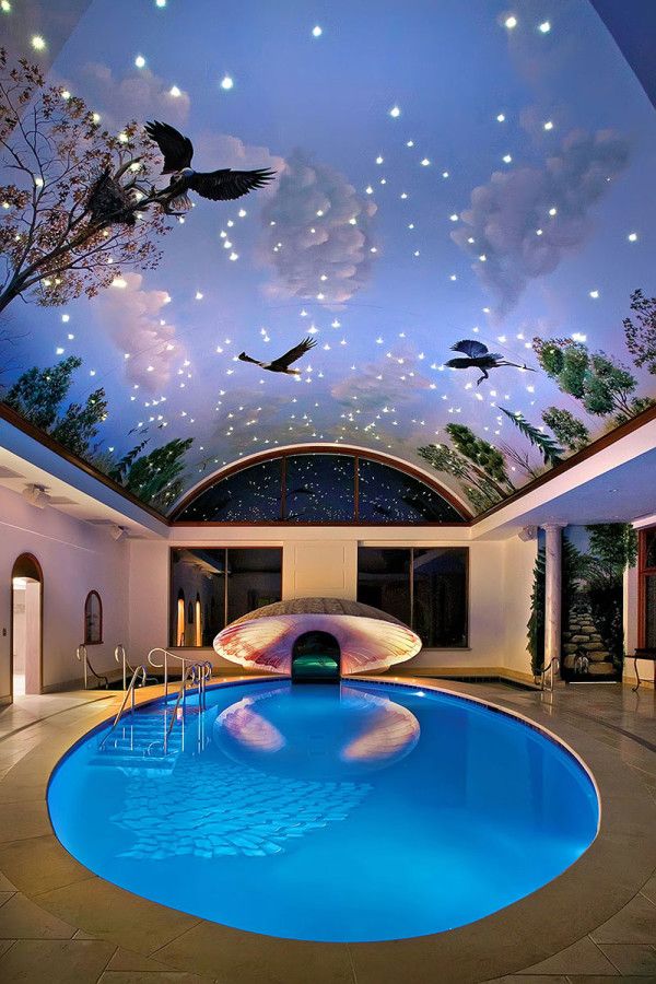 Indoor Swimming Pool ~ would love to have something like this painted on the ceiling in the pool room!